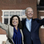 
              President Joe Biden and New York Gov. Kathy Hochul wave to the crowd during a campaign event Sunday, Nov. 6, 2022, at Sarah Lawrence College in Yonkers, N.Y. (AP Photo/Patrick Semansky)
            