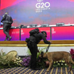 
              A member of the Presidential Security Forces leads a sniffer dog during a security sweep at one of the venues of the G20 leaders summit, in Nusa Dua, Bali, Indonesia, Monday, Nov. 14, 2022. (AP Photo/Dita Alangkara)
            