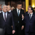 
              Italy's Foreign Minister Antonio Tajani, left, Hungary's Foreign Minister Peter Szijjarto, center, and Spain's Foreign Minister Jose Manuel Albares Bueno arrive for a family photo during the first day of the meeting of NATO Ministers of Foreign Affairs, in Bucharest, Romania, Tuesday, Nov. 29, 2022. (AP Photo/Andreea Alexandru)
            
