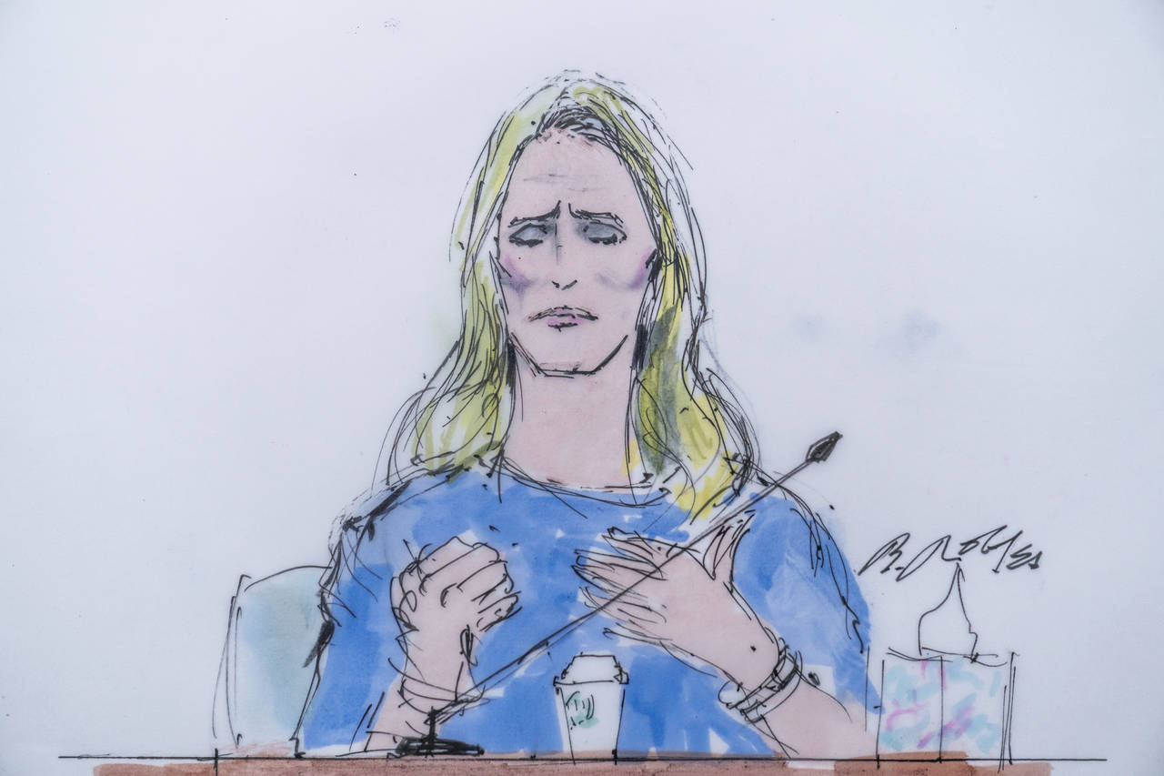 In this courtroom artist sketch, Jennifer Siebel Newsom, a documentary filmmaker and the wife of Ca...