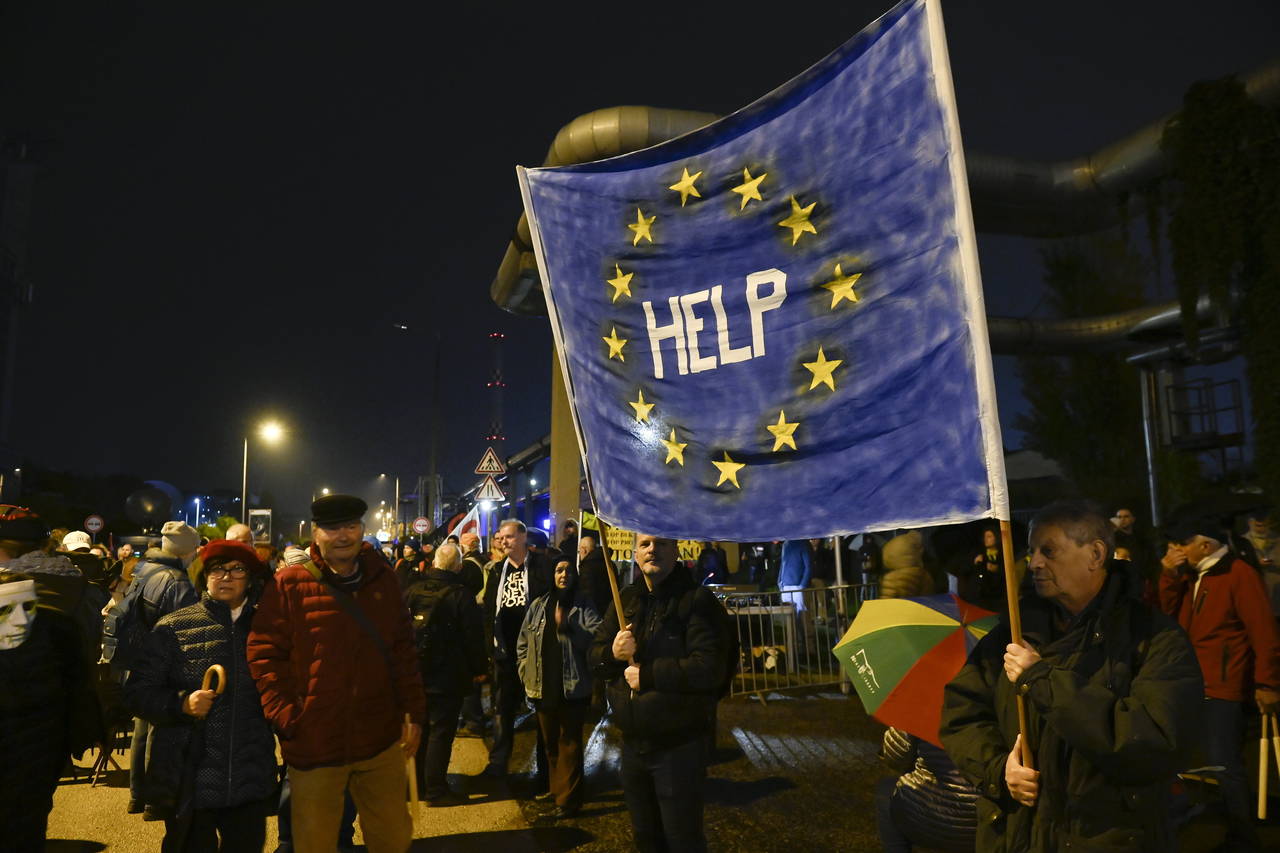 Participants attend the demonstration announced by independent Hungarian lawmaker Akos Hadhazy in f...