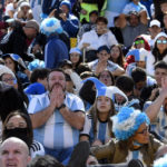 
              Argentina soccer fans watch their team lose to Saudi Arabia in a World Cup Group C soccer match played on a large screen in the Palermo neighborhood of Buenos, Aires, Argentina, early Tuesday, Nov. 22, 2022. (AP Photo/Gustavo Garello)
            
