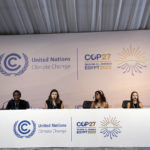 
              Youth climate activists from right, Vanessa Nakate, of Uganda, Nicole Becker, of Argentina, Mitzi Jonelle Tan, of the Philippines, Luisa Neubauer, of Germany, Eric Njuguna, of Kenya, and Sophia Kianni, an Iranian-American environmentalist, participate in a panel at the COP27 U.N. Climate Summit, Wednesday, Nov. 9, 2022, in Sharm el-Sheikh, Egypt. (AP Photo/Nariman El-Mofty)
            