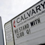 
              CORRECTS SPELLING OF CHURCH TO CALVARY - A sign at the Calvary United Methodist Church about a mile from Club Q in Colorado Springs, Colo., on Wednesday, Nov. 23, 2022. The church stood in solidarity with the gay nightclub after a gunman opened fire and killed five people there Saturday night. (AP Photo/Thomas Peipert)
            