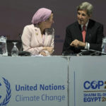 
              Egypt's Environment Minister Yasmine Fouad, left, and U.S. Special Presidential Envoy for Climate John Kerry talk before a panel on biodiversity at the COP27 U.N. Climate Summit, Wednesday, Nov. 16, 2022, in Sharm el-Sheikh, Egypt. (AP Photo/Peter Dejong)
            