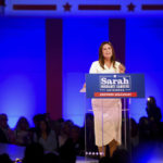 
              Arkansas Gov.-elect Sarah Huckabee Sanders speaks during her election night party on Tuesday, Nov. 8, 2022, in Little Rock, Ark. (AP Photo/Will Newton)
            