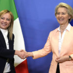 
              European Commission President Ursula von der Leyen, right, greets Italian Prime Minister Giorgia Meloni at EU headquarters in Brussels, Thursday, Nov. 3, 2022. New Italian Prime Minister Giorgia Meloni visits EU officials on Thursday, and it is no ordinary visit of the leader of a European Union founding nation to renew unshakable bonds with the 27-nation bloc. (AP Photo/Virginia Mayo)
            