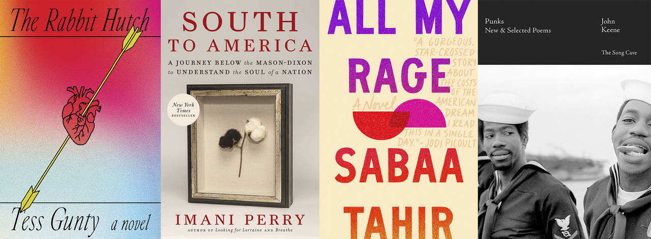 This combination of book cover images shows National Book Award winners, from left, "The Rabbit Hut...
