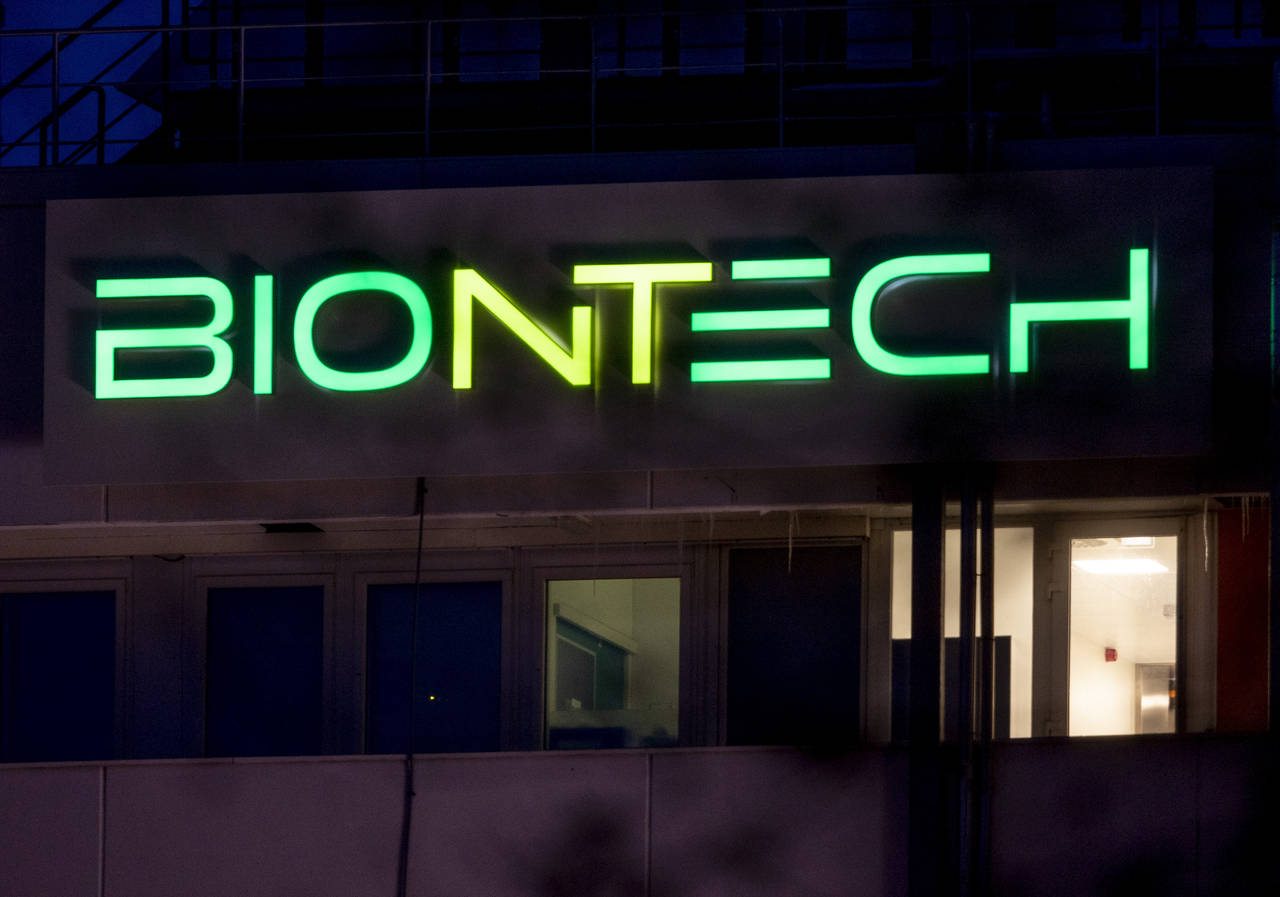 A view of the logo of the BioNTech biotechnology building where production of the COVID-19 vaccine ...