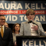 
              Kansas Gov. Laura Kelly speaks to supporters at a watch party after calling it a night with the race too close to call, Wednesday, Nov. 9, 2022, in Topeka, Kan. Kelly was facing Republican challenger and Kansas Attorney General Derek Schmidt. (AP Photo/Charlie Riedel)
            