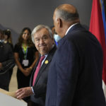 
              United Nations Secretary-General Antonio Guterres, left, looks at Sameh Shoukry, president of the COP27 climate summit during the summit, Thursday, Nov. 17, 2022, in Sharm el-Sheikh, Egypt. (AP Photo/Peter Dejong)
            