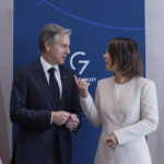 
              Germany's Foreign Minister Annalena Baerbock, right, talks to US Secretary of State, Antony Blinken,  left, during a G7 Foreign Ministers meeting in Muenster, Germany, Thursday, Nov. 3, 2022. (Rolf Vennenbernd/dpa via AP)
            