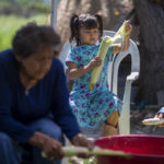 
              Three-year-old Antonita, center, helps peel corn at the home of her grandparents Norma and Eugene “Hutch” Naranjo in Ohkay Owingeh, formerly named San Juan Pueblo, in northern New Mexico, Sunday, Aug. 21, 2022. Friends and relatives of the Naranjos gather every year to make chicos, dried kernels used in stews and puddings.  (AP Photo/Andres Leighton)
            