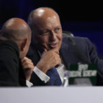 
              Sameh Shoukry, president of the COP27 climate summit, right, talks with Simon Stiell, U.N. climate chief, during a break in a closing plenary session at the U.N. Climate Summit, Sunday, Nov. 20, 2022, in Sharm el-Sheikh, Egypt. (AP Photo/Peter Dejong)
            