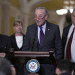 
              Senate Majority Leader Chuck Schumer, D-N.Y., joined from left by Sen. Jack Reed, D-R.I., chairman of the Senate Armed Services Committee, Sen. Tammy Baldwin, D-Wis., and Sen. Jon Tester, D-Mont., speaks to reporters before a vote on legislation to protect same-sex and interracial marriages, at the Capitol in Washington, Tuesday, Nov. 29, 2022. (AP Photo/J. Scott Applewhite)
            