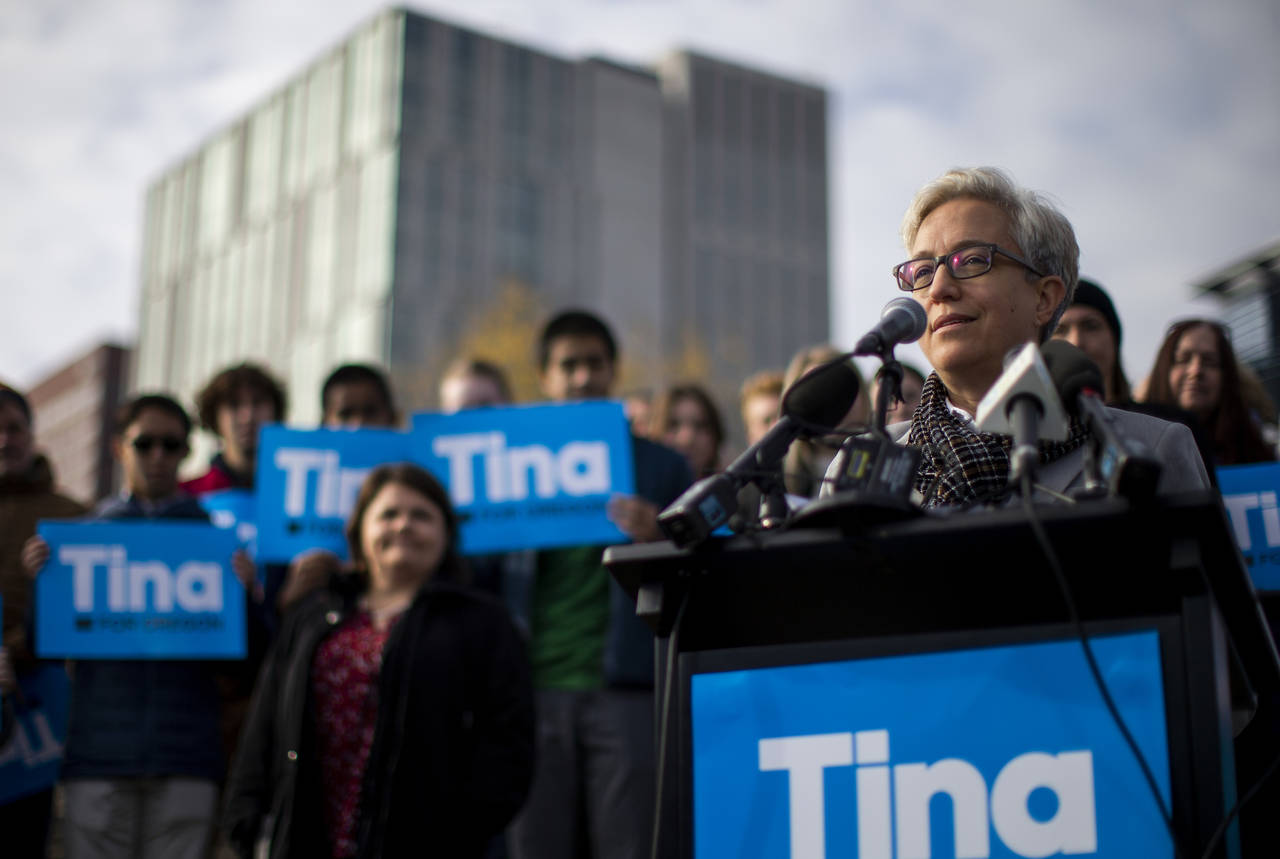 Democratic gubernatorial candidate for Oregon governor Tina Kotek holds a press conference in Tom M...