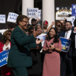 
              Los Angeles Mayor-elect Karen Bass interacts with cheering supporters at a news conference in Los Angeles, Thursday, Nov. 17, 2022. Bass defeated developer Rick Caruso to become the next mayor of Los Angeles on Wednesday, making her the first Black woman to hold the post as City Hall contends with an out-of-control homeless crisis, rising crime rates and multiple scandals that have shaken trust in government. (AP Photo/Jae C. Hong)
            