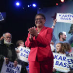 
              Los Angeles mayoral candidate Rep. Karen Bass, D-Calif., acknowledges her supporters after speaking at an election night party in Los Angeles, Tuesday, Nov. 8, 2022. (AP Photo/Jae C. Hong)
            