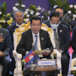 
              FILE - Cambodian Prime Minister Hun Sen addresses during the second Southeast Asian Nations (ASEAN) Global Dialogue in Phnom Penh, Cambodia, Sunday, Nov. 13, 2022. Hun Sen said Tuesday, Nov. 15, 2022, he has tested positive for COVID-19 at the Group of 20 meetings in Bali, just days after hosting many world leaders, including President Joe Biden, for a summit in Phnom Penh. (AP Photo/Anupam Nath, File)
            