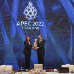 
              U.S. Vice President Kamala Harris, left, and Thailand's Prime Minister Prayuth Chan-ocha hold a Chalom, a bamboo basket symbolizing the "handing over of the baton", as the U.S. is the next summit host during the closing of the Asia-Pacific Economic Cooperation, APEC summit, Saturday, Nov. 19, 2022, in Bangkok, Thailand. (Haiyun Jiang/The New York Times via AP, Pool)
            