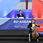 
              European Commission President Ursula von der Leyen, left, Cambodia's Prime Minister Hun Sen, center, and European Council President Charles Michel listen to a musical performance during the opening ceremony at an EU-ASEAN summit in Brussels, Wednesday, Dec. 14, 2022. EU and ASEAN leaders meet in Brussels for a one day summit to discuss the EU-ASEAN strategic partnership, trade relations and various international topics. (AP Photo/Geert Vanden Wijngaert)
            