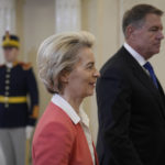 
              European Commission President Ursula von der Leyen walks with Romanian President Klaus Iohannis at the Cotroceni presidential palace in Bucharest, Romania, Saturday, Dec. 17, 2022. The leaders of Hungary, Romania, Georgia and Azerbaijan met in Romania's capital to conclude an agreement on an undersea electricity connector that could become a new power source for the European Union amid a crunch on energy supplies caused by the war in Ukraine. (AP Photo/Vadim Ghirda)
            