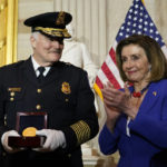 
              Speaker of the House Nancy Pelosi of Calif., applauds U.S. Capitol Police Chief J. Thomas Manger, during a Congressional Gold Medal ceremony honoring law enforcement officers who defended the U.S. Capitol on Jan. 6, 2021, in the U.S. Capitol Rotunda in Washington, Tuesday, Dec. 6, 2022. (AP Photo/Alex Brandon)
            