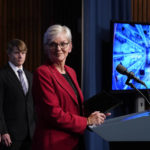 
              Secretary of Energy Jennifer Granholm, center, joined from left by Arati Prabhakar, the president's science adviser, and National Nuclear Security Administration Deputy Administrator for Defense Programs Marvin Adams, discusses a major scientific breakthrough in fusion research that was made at the lab in California, during a news conference at the Department of Energy in Washington, Tuesday, Dec. 13, 2022. (AP Photo/J. Scott Applewhite)
            