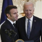 
              President Joe Biden stands with French President Emmanuel Macron after a news conference in the East Room of the White House in Washington, Thursday, Dec. 1, 2022. (AP Photo/Susan Walsh)
            