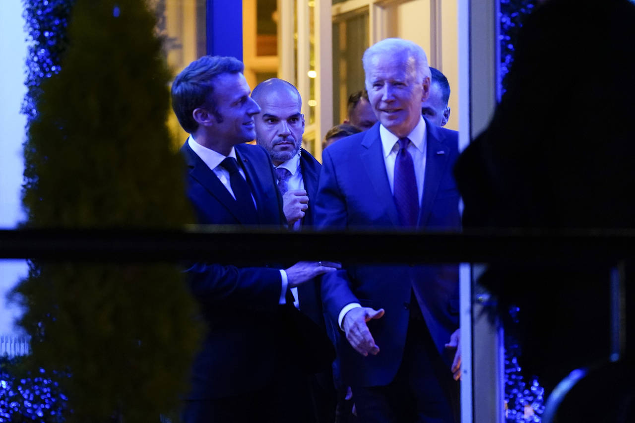 President Joe Biden and French President Emmanuel Macron and his wife Brigitte Macron depart after ...