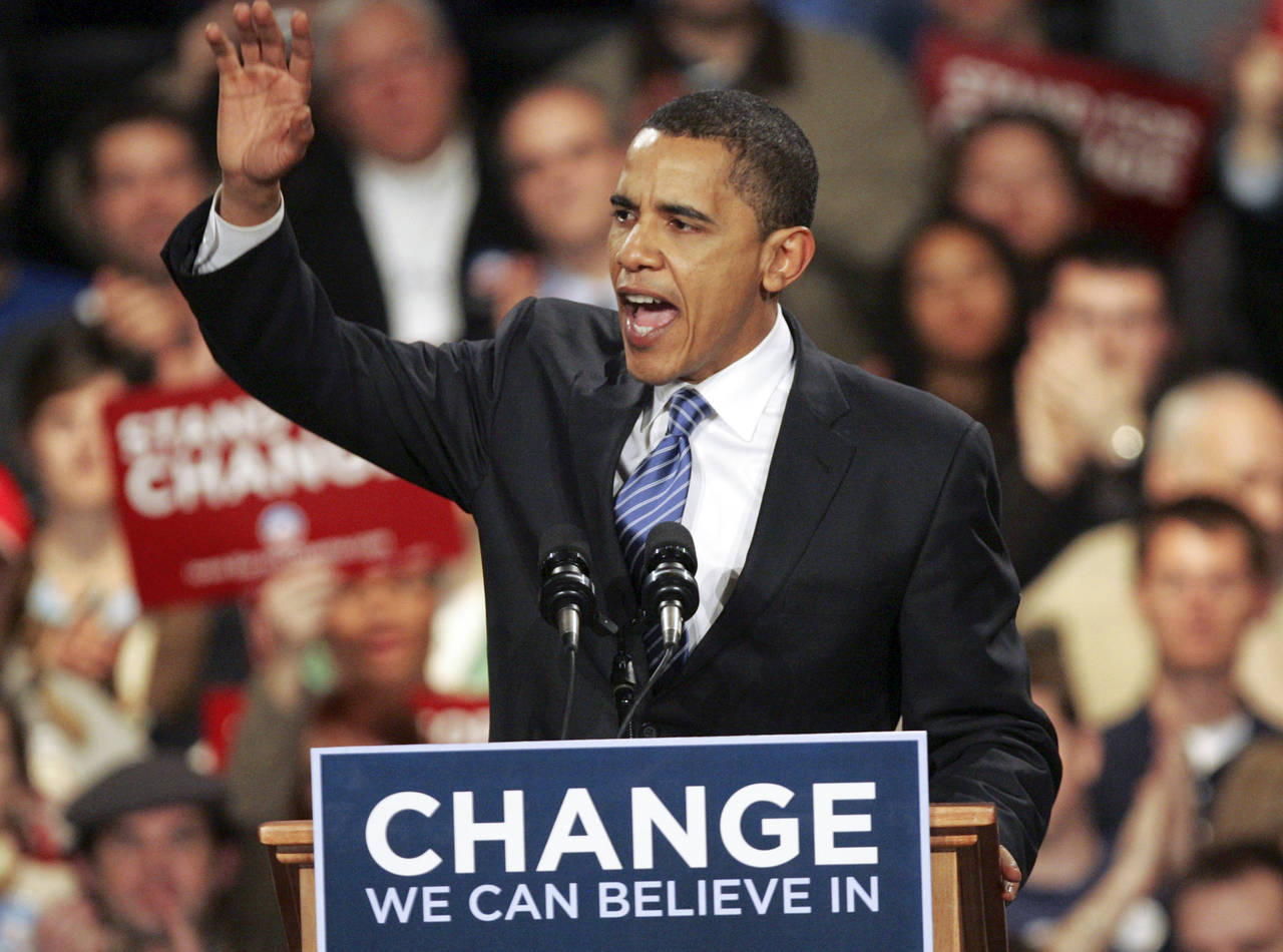 FILE - Democratic presidential hopeful, Sen. Barack Obama D-Ill., celebrates with his supporters af...