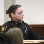 
              Fort Worth Police Officer Carol Darch testifies during the second day of the murder trial of Aaron Dean on Tuesday, Dec. 6, 2022, in Fort Worth, Texas. Darch was the other officer on scene when Atatiana Jefferson was shot and killed by former Fort Worth police officer Dean in 2019. (Amanda McCoy/Star-Telegram via AP, Pool)
            