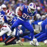 
              Buffalo Bills running back Nyheim Hines (20) runs in a touchdown on a kickoff return during the first half of an NFL football game against the New England Patriots, Sunday, Jan. 8, 2023, in Orchard Park. (AP Photo/Adrian Kraus)
            