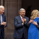 
              President Joe Biden and Mexican President Andres Manuel Lopez Obrador, watch as first lady Jill Biden and Obrador's wife Beatriz Gutiérrez Müller, right, hug during an arrival ceremony at the National Palace in Mexico City, Mexico, Monday, Jan. 9, 2023. (AP Photo/Andrew Harnik)
            