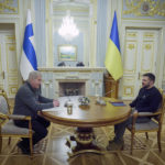 
              In this photo provided by the Ukrainian Presidential Press Office, Ukrainian President Volodymyr Zelenskyy, right, and Finnish President Sauli Niinisto talk during their meeting in Kyiv, Ukraine, Tuesday, Jan. 24, 2023. (Ukrainian Presidential Press Office via AP)
            