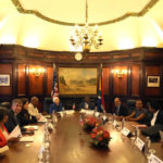 
              U.S. Treasury Secretary Janet Yellen, top left, with South Africa's Minister of Finance Enoch Godongwana, top right, during their bilateral meeting at the National Treasury in Pretoria, South Africa, Thursday, Jan. 26, 2023. Yellen is on a 10-day tour of Africa, part of a push by the Biden administration to engage more with the world's second-largest continent.(AP Photo/Themba Hadebe)
            