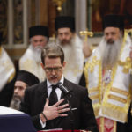 
              Greece's former Crown Prince Pavlos make a speech during the funeral service of former king of Greece Constantine II at Metropolitan Cathedral in Athens, Monday, Jan. 16, 2023. Constantine died in a hospital late Tuesday at the age of 82 as Greece's monarchy was definitively abolished in a referendum in December 1974. (Stoyan Nenov/Pool via AP)
            