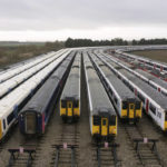 
              Trains are stored at a sidings in Ely, Cambridgeshire, Thursday, Jan. 5, 2023, during a strike by the Aslef union in a long-running dispute over jobs and pensions. (Joe Giddens/PA via AP)
            