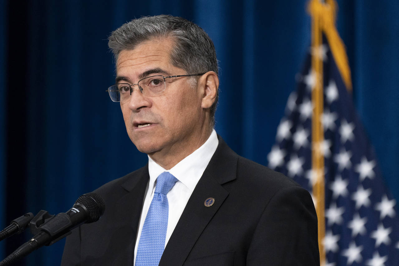 FILE - Health and Human Services Secretary Xavier Becerra speaks during a news conference at the HH...