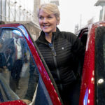 
              Energy Secretary Jennifer Granholm gets into the passenger seat after test driving a Ford F-150 Lighting all electric vehicle during a visit to the Washington Auto Show in Washington, Wednesday, Jan. 25, 2023. (AP Photo/Andrew Harnik)
            