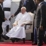 
              Pope Francis, left, sits with President of the Democratic Republic of the Congo Felix-Antoine Tshisekedi Tshilombo during a welcome ceremony at the "Palais de la Nation" in Kinshasa, Democratic Republic of the Congo, Tuesday, Jan. 31, 2023. Pope Francis starts his six-day pastoral visit to Congo and South Sudan where he'll bring a message of peace to countries riven by poverty and conflict. (AP Photo/Gregorio Borgia)
            