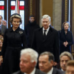 
              Belgium's King Philippe and Queen Mathilde attend the funeral service of former King of Greece Constantine II at Metropolitan Cathedral in Athens, Monday, Jan. 16, 2023. Constantine died in a hospital late Tuesday at the age of 82 as Greece's monarchy was definitively abolished in a referendum in December 1974. (Stoyan Nenov/Pool via AP)
            