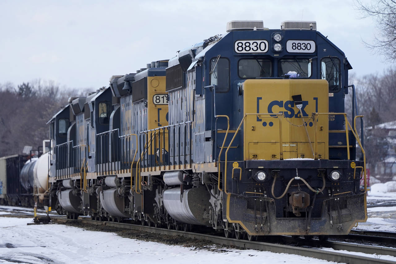 CSX locomotives rest together on tracks at CSX North Framingham Yard, Tuesday, Jan. 24, 2023, in Fr...