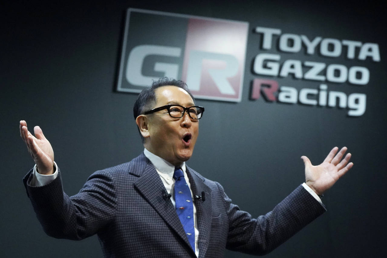 Toyota Motor Corp. Chief Executive Akio Toyoda delivers a speech on the stage at the Tokyo Auto Sal...