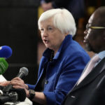 
              U.S. Treasury Secretary Janet Yellen, left, speaks as South Africa's Minister of Finance Enoch Godongwana listens, during their meeting at the National Treasury in Pretoria, South Africa, Thursday, Jan. 26, 2023. Yellen is on a 10-day tour of Africa, part of a push by the Biden administration to engage more with the world's second-largest continent. (AP Photo/Themba Hadebe)
            