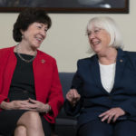 
              Senate Appropriations Committee ranking member Sen. Susan Collins, R-Maine, left, and Senate Appropriations Committee chair Sen. Patty Murray, D-Wash., speak during an interview with the Associated Press, along with Shalanda Young, the first Black woman to lead the Office of Management and Budget; House Appropriations Committee ranking member Rep. Rosa DeLauro, D-Conn.; and House Appropriations Committee chair Rep. Kay Granger, R-Texas, at the Capitol in Washington, Thursday, Jan. 26, 2023. It's the first time in history that the four leaders of the two congressional spending committees are women. (AP Photo/Manuel Balce Ceneta)
            