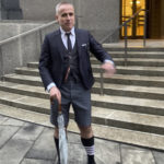 
              Fashion designer Thom Browne leaves Manhattan federal court, Thursday, Jan. 12, 2023, in New York, after a jury decided he did not infringe the trademark of sportswear giant Adidas. (AP Photo/Larry Neumeister)
            