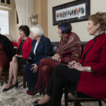 
              From left, Shalanda Young, the first Black woman to lead the Office of Management and Budget; Senate Appropriations Committee ranking member Sen. Susan Collins, R-Maine; Senate Appropriations Committee chair Sen. Patty Murray, D-Wash.; House Appropriations Committee ranking member Rep. Rosa DeLauro, D-Conn.; and House Appropriations chair Rep. Kay Granger, R-Texas, talk during an interview with The Associated Press at the Capitol in Washington, Thursday, Jan. 26, 2023. It's the first time in history that the four leaders of the two congressional spending committees are women. (AP Photo/Manuel Balce Ceneta)
            