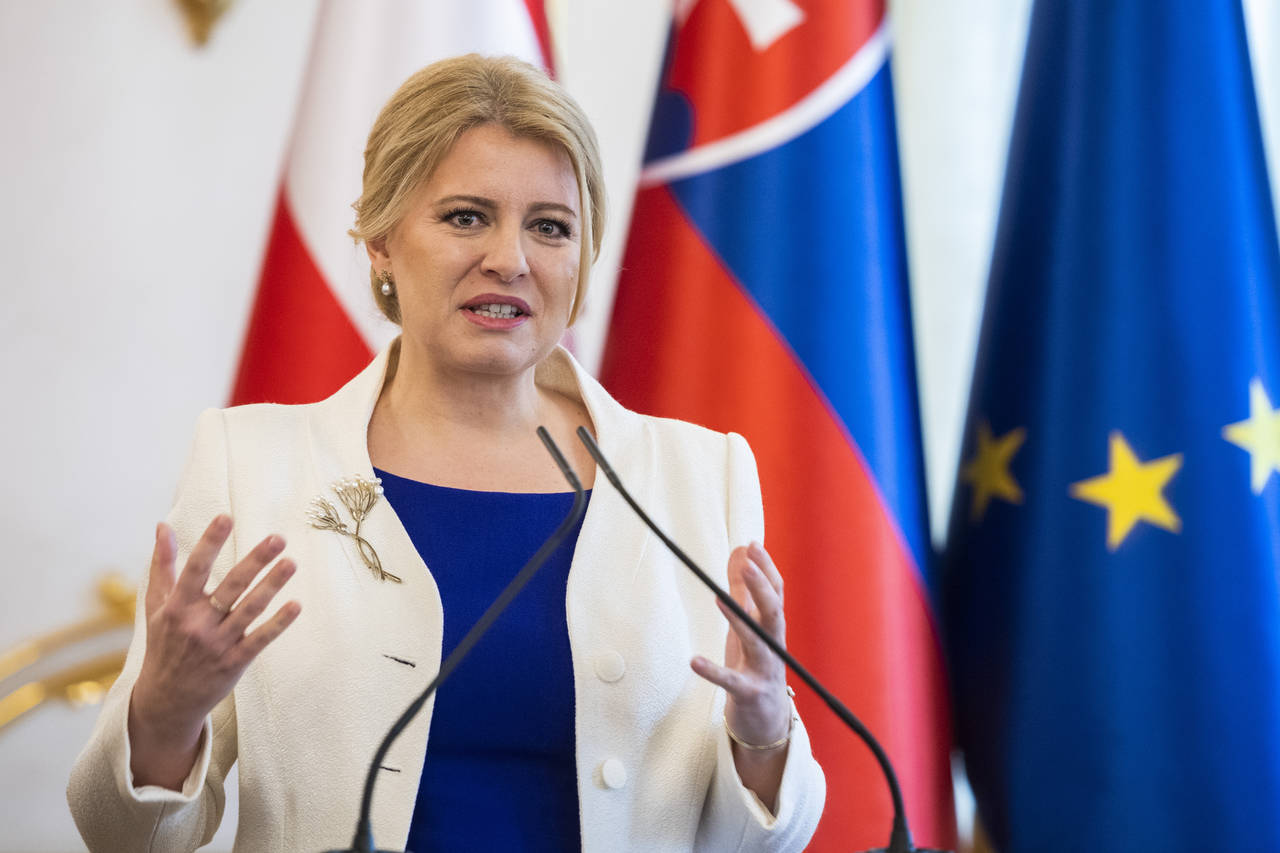 Slovak President Zuzana Caputova speaks during a press conference with her Austrian counterpart Ale...