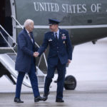 
              President Joe Biden shakes hands with Col. Gregory Adams, 89th Operations Group Commander, before boarding Air Force One at Andrews Air Force Base, Md., Tuesday, Jan. 31, 2023, en route to New York. (AP Photo/Jess Rapfogel)
            